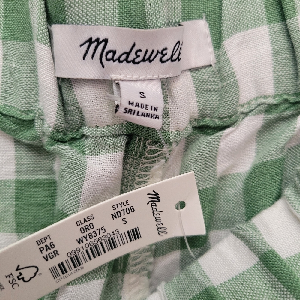 Madewell Linen-Blend Easy Pull-On Shorts Gingham Check Green Ivory Small NWT - Picture 4 of 7
